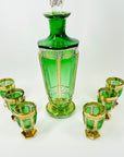 ANTIQUE ART DECO HAND CUT GOLD GILDED GREEN CRYSTAL DECANTER SET