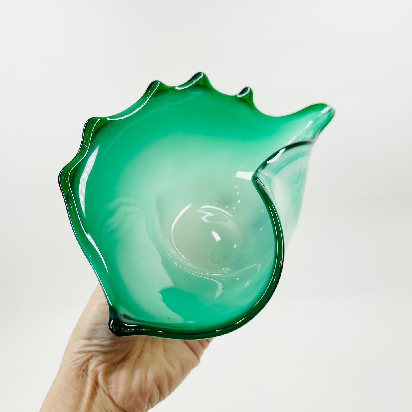 1950s MURANO FOLDED IRIDESCENT EMERALD GREEN SHELL BOWL