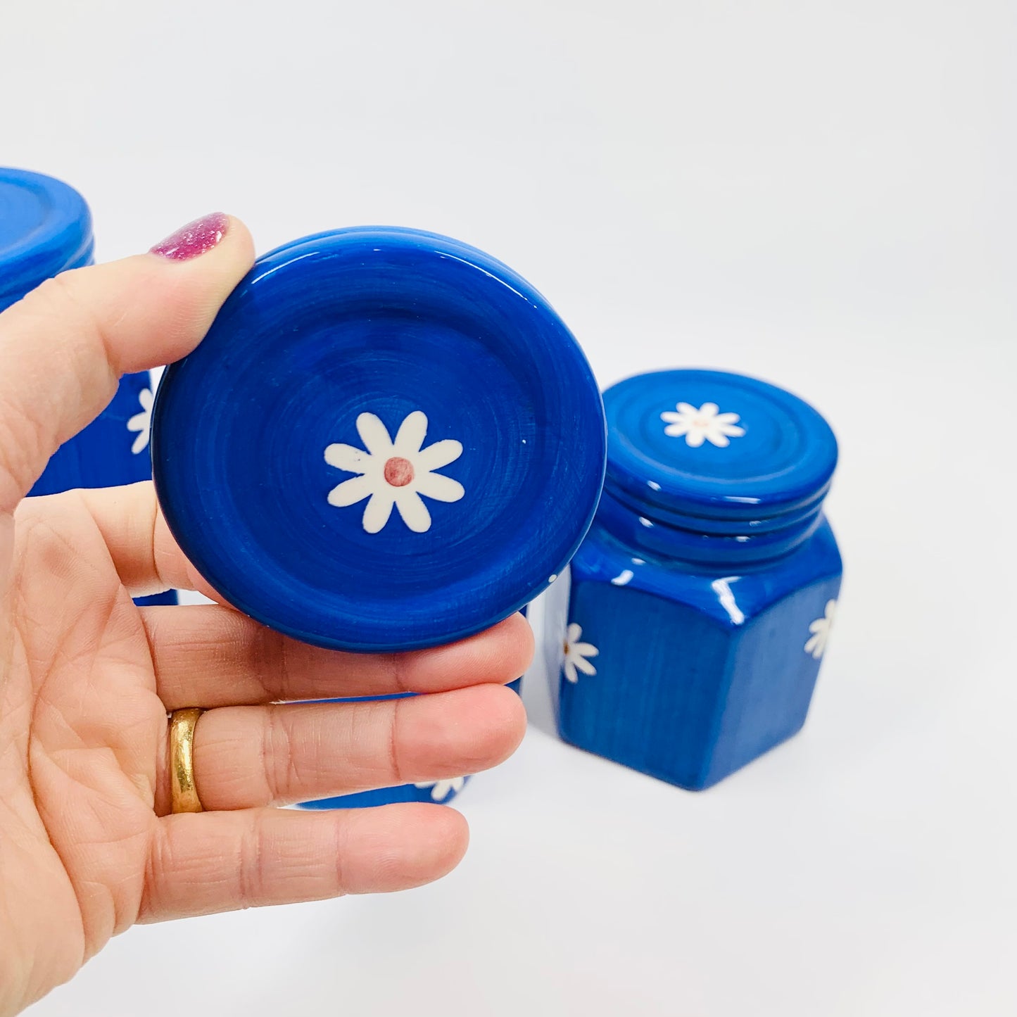 1970s HAND PAINTED COBALT BLUE PORCELAIN CANISTERS SET