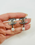 2000 CHANEL GUNMETAL DIAMANTE LOGO PEARL DROP PIERCED EARRINGS