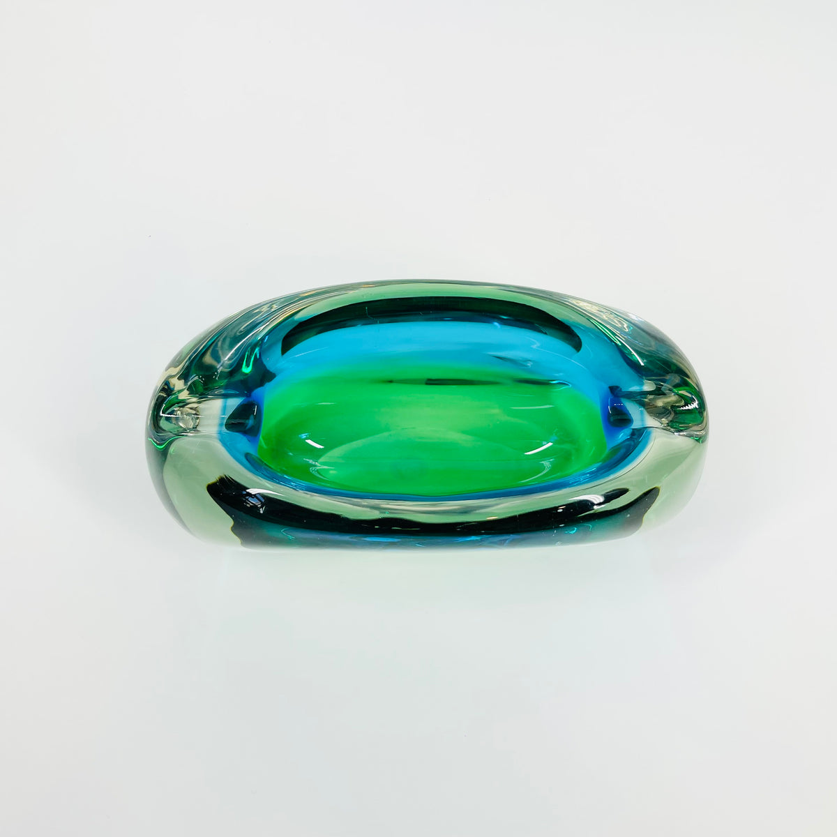 1960s GREEN BLUE PEACOCK HARLEQUIN SOMMERSO GLASS ASHTRAY/BOWL