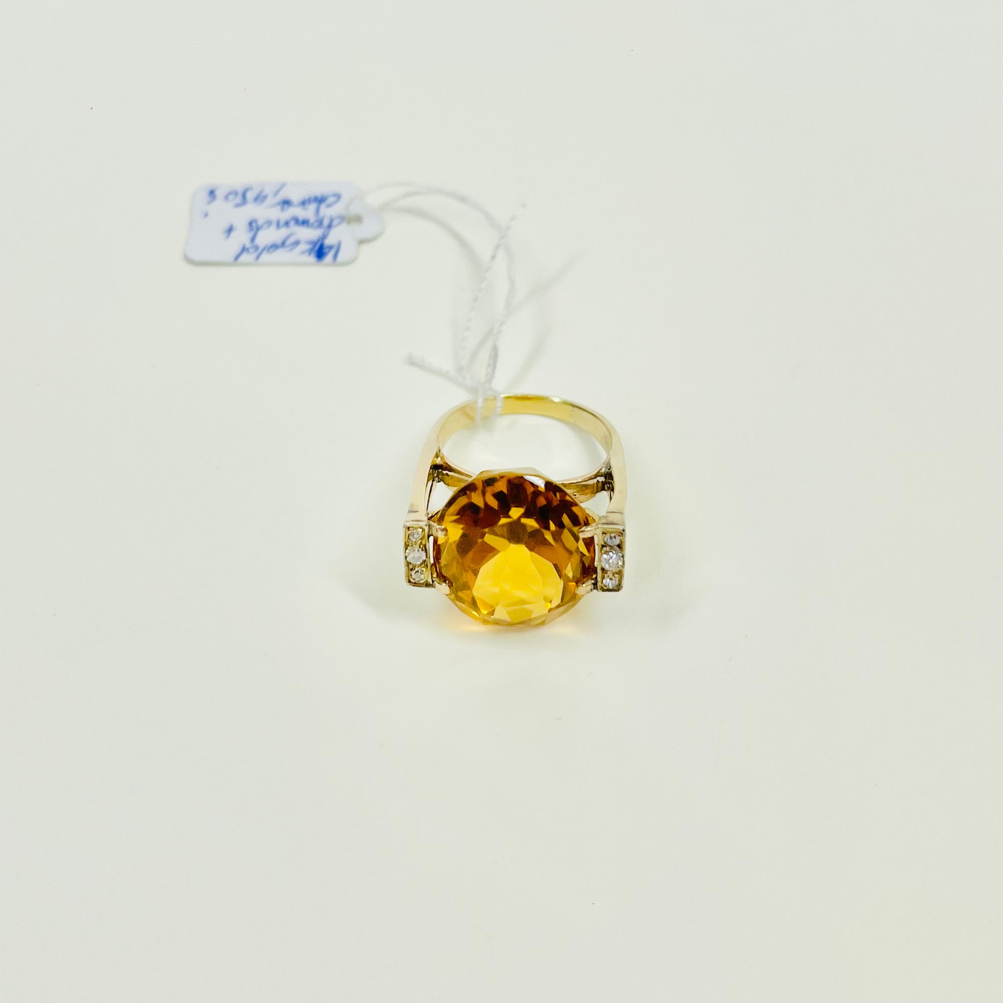1950s 14K YELLOW GOLD STATEMENT CITRINE COCKTAIL RING WITH DIAMONDS