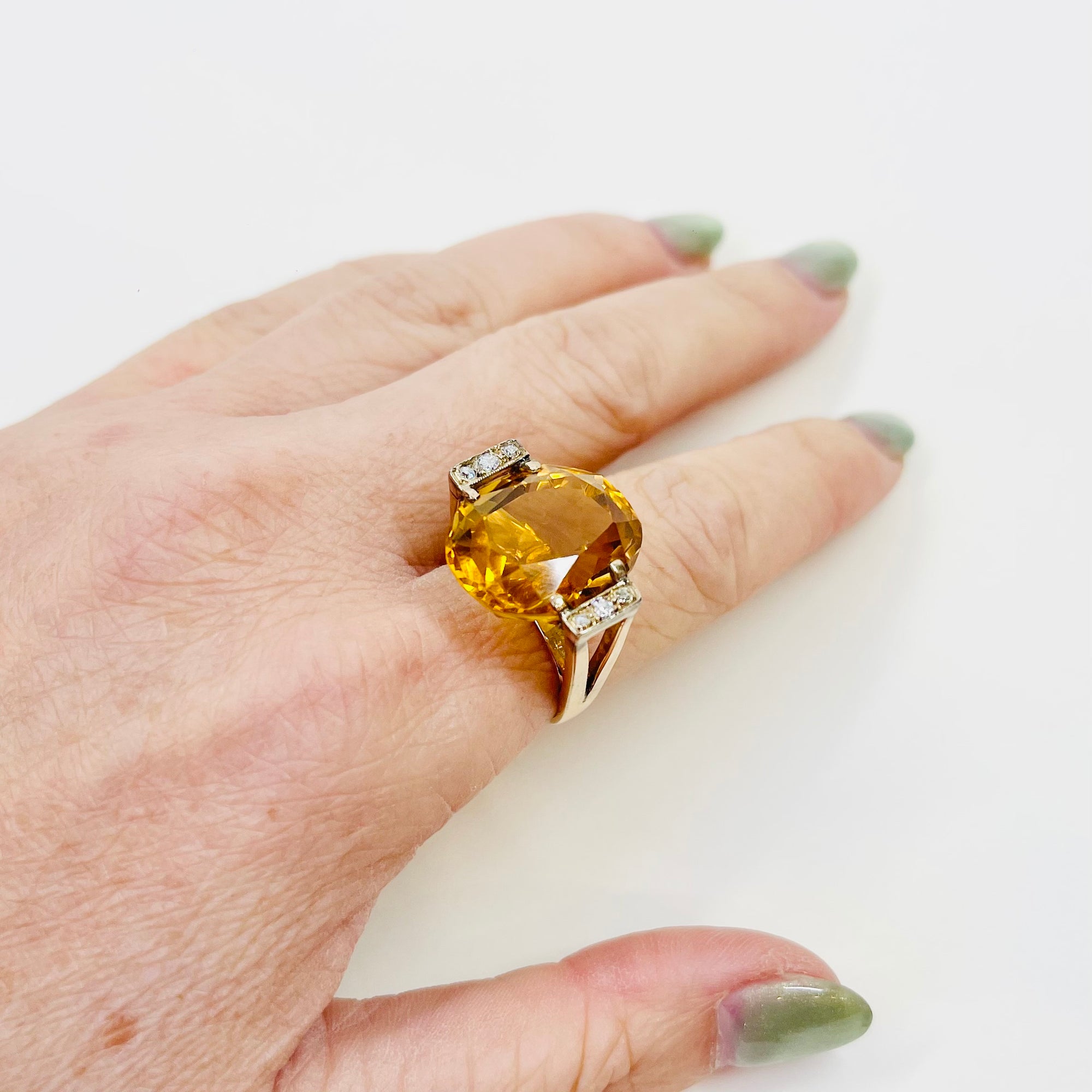 1950s 14K YELLOW GOLD STATEMENT CITRINE COCKTAIL RING WITH DIAMONDS