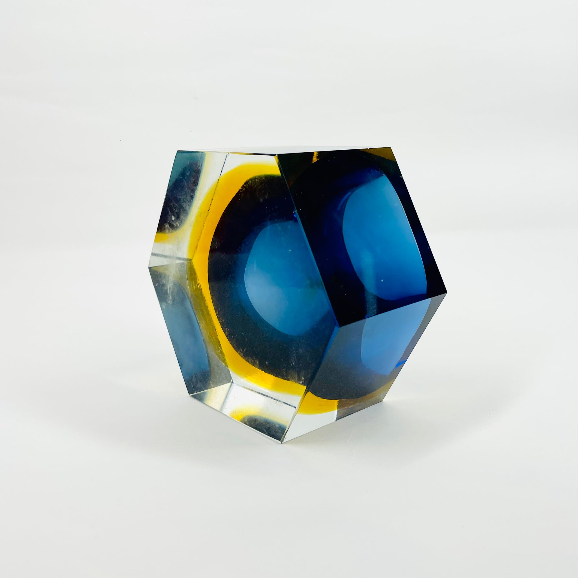 1950s COBALT BLUE TEAL GOLD MURANO MANDRUZZATO SOMMERSO FACETED GLASS HEXAGON BOWL