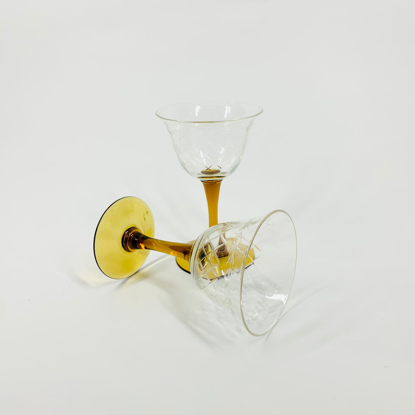 1940s AMBER STEM ETCHED COCKTAIL GLASSES