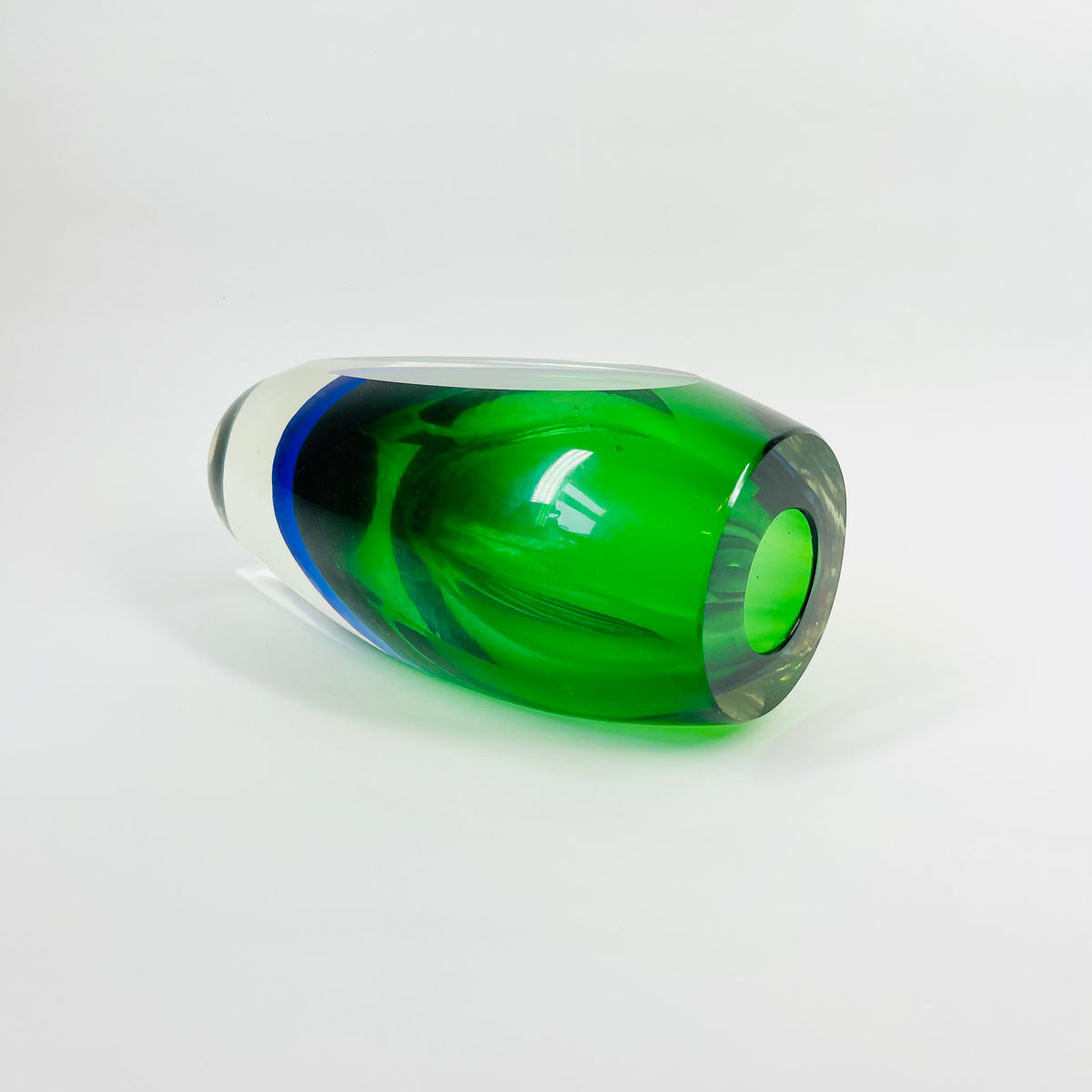 1960s GREEN BLUE HARLEQUIN MURANO SOMMERSO FACETED GLASS BLOCK VASE