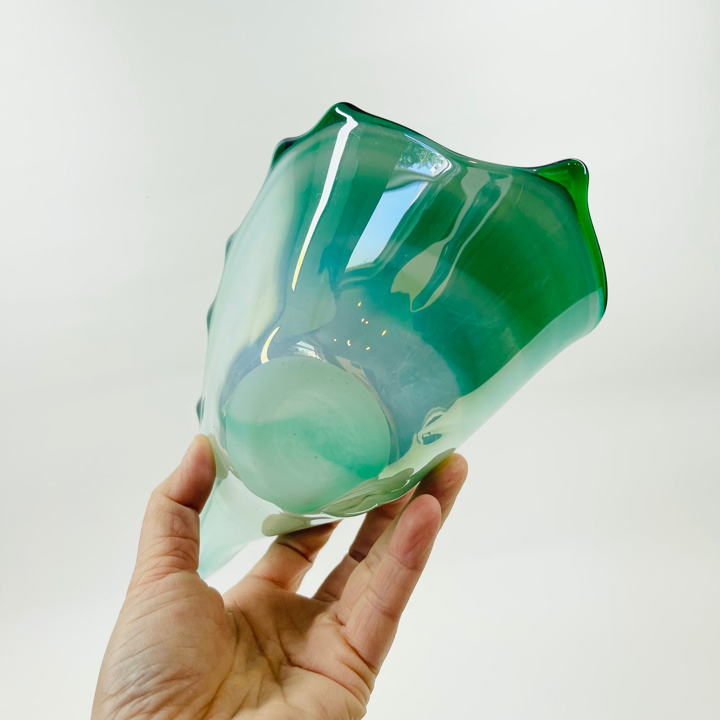 1950s MURANO FOLDED IRIDESCENT EMERALD GREEN SHELL BOWL