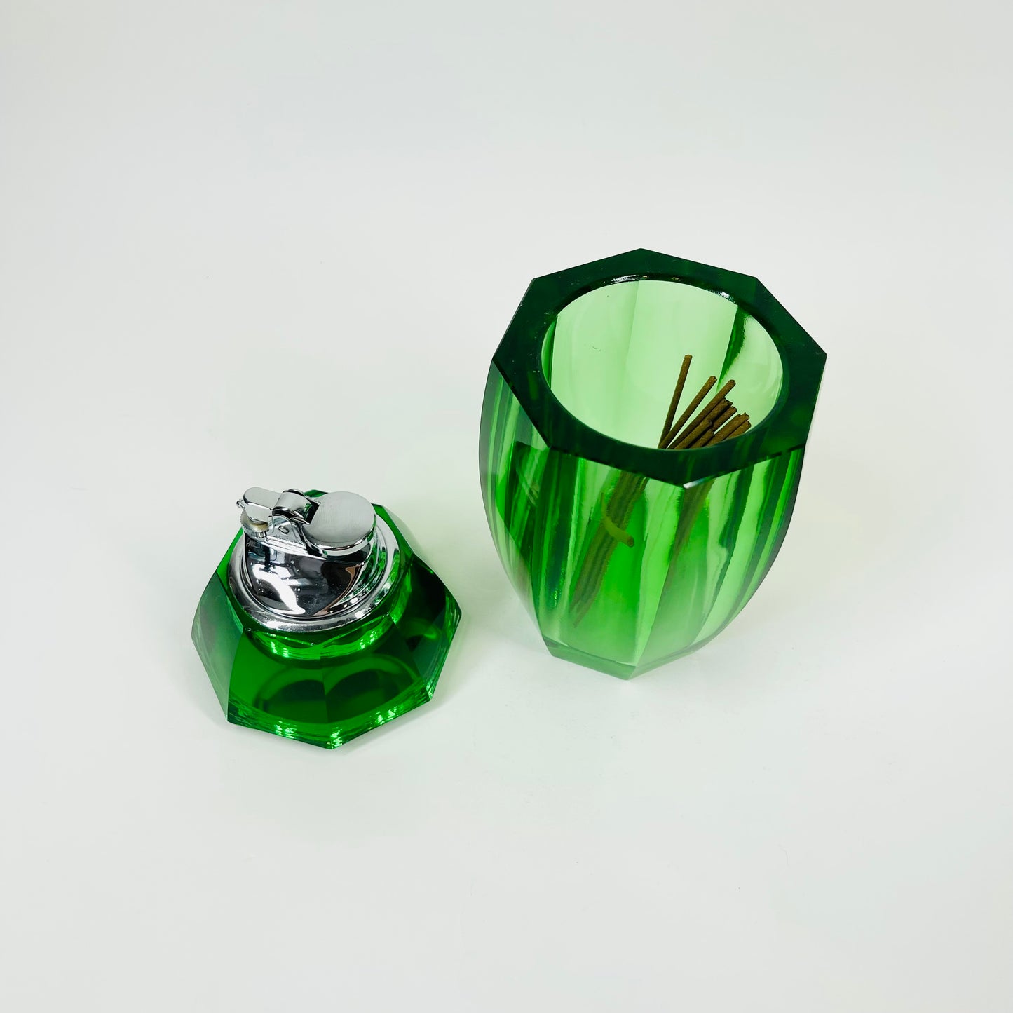 1950s FACETED GREEN GLASS LIGHTER BOX