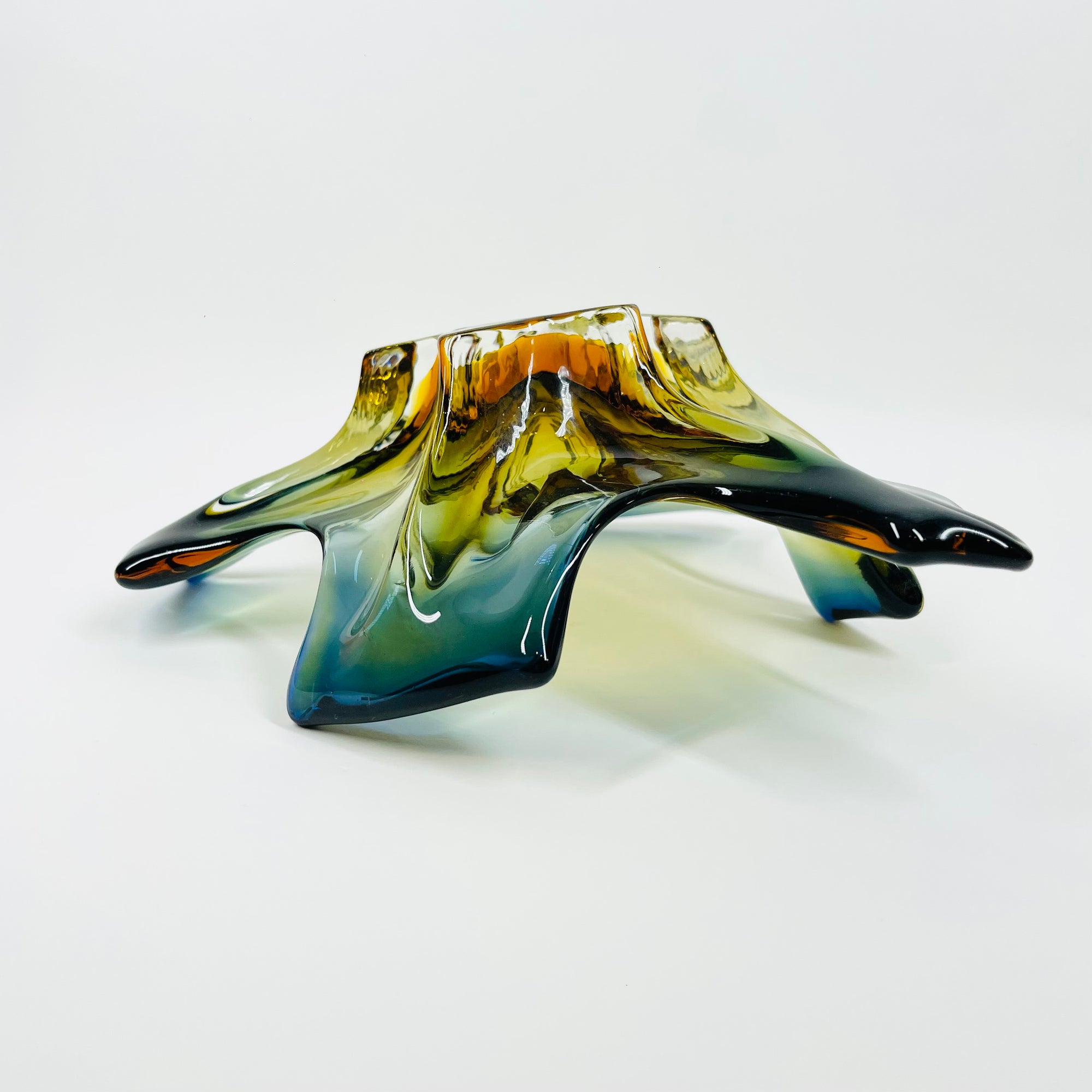 1950s MURANO AMBER BLUE OMBRE GLASS PINCHED LEAF BOWL/ASHTRAY