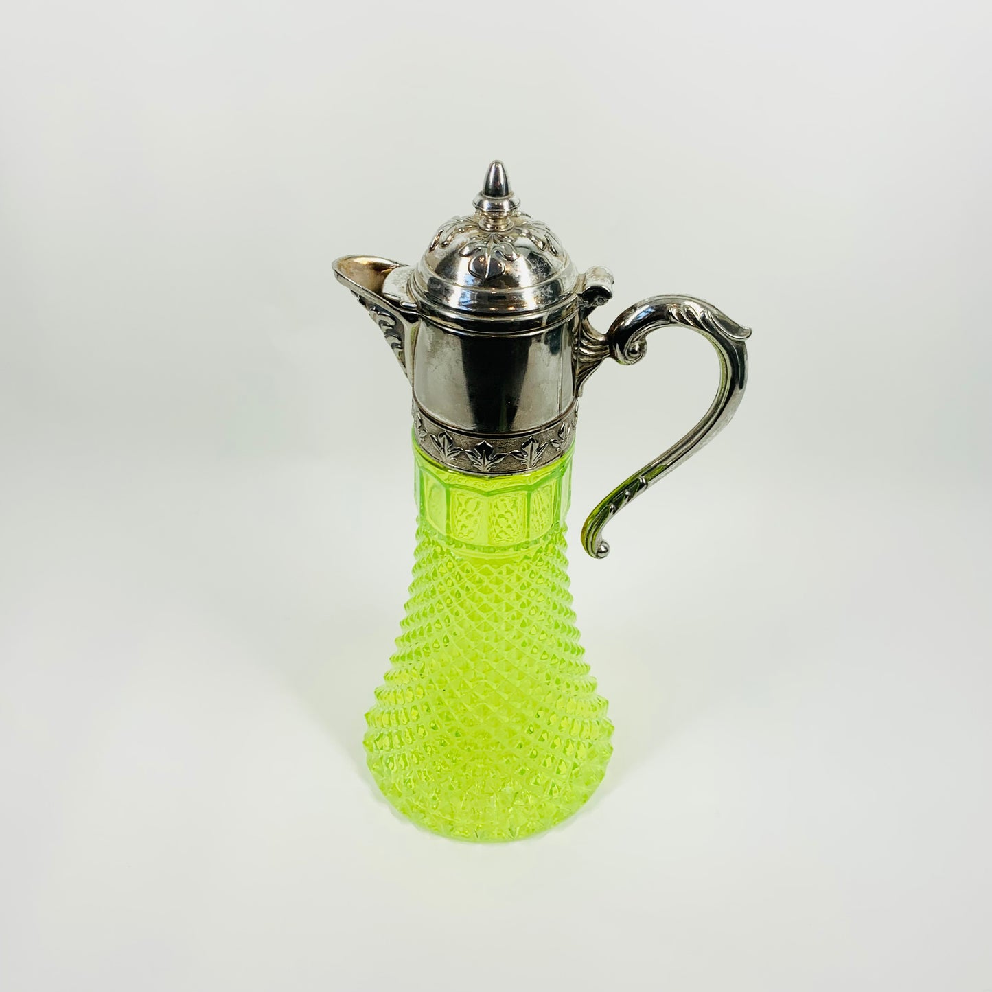 ANTIQUE URANIUM GLASS CLARET JUG WITH SILVER FITTINGS