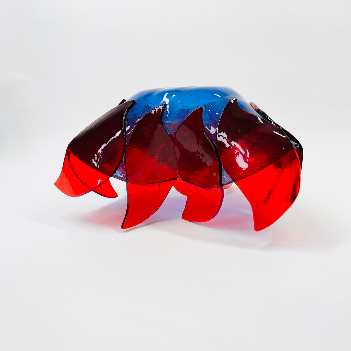 1980s HAND MADE RED COBALT BLUE FUSED GLASS HANDKERCHIEF BOWL