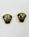1980s HERMES BLACK ART NOUVEAU STYLE FLOWERS CLOISONNE CLIP ON EARRINGS