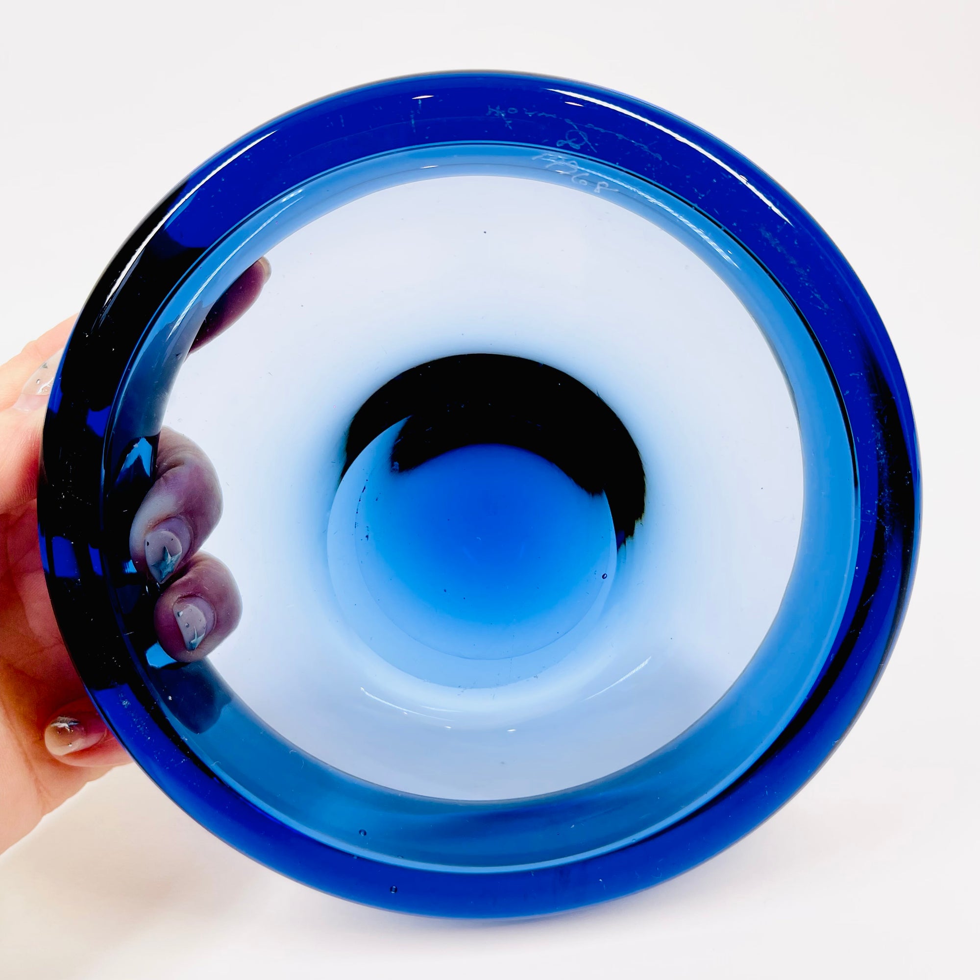 1960s SIGNED HOLMEGAARD COBALT BLUE GLASS TRINKET BOWL/ASHTRAY