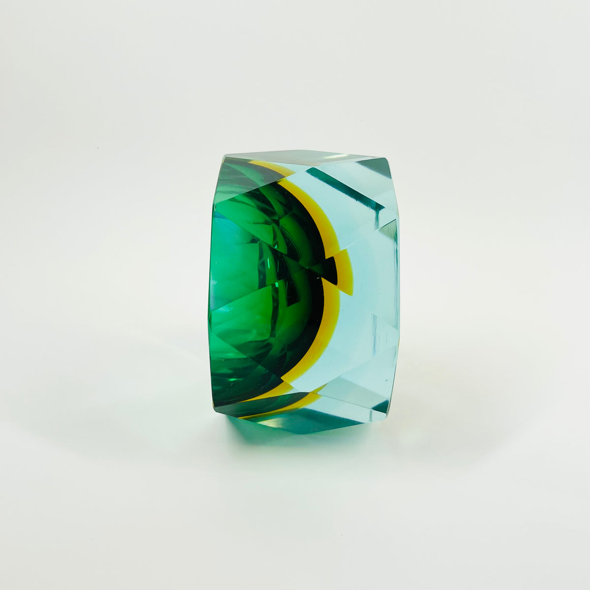 1940s GREEN BLUE GOLD AMBER MURANO MANDRUZZATO SOMMERSO DIAMOND FACETED GLASS BOWL/ASHTRAY