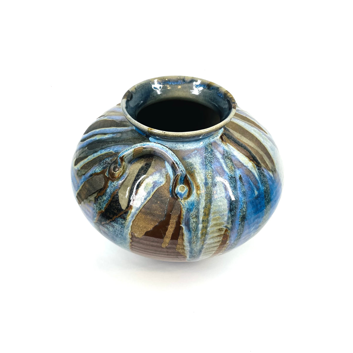 1980s AUSTRALIAN BLUE BROWN GLAZED POTTERY AMPHORA VASE