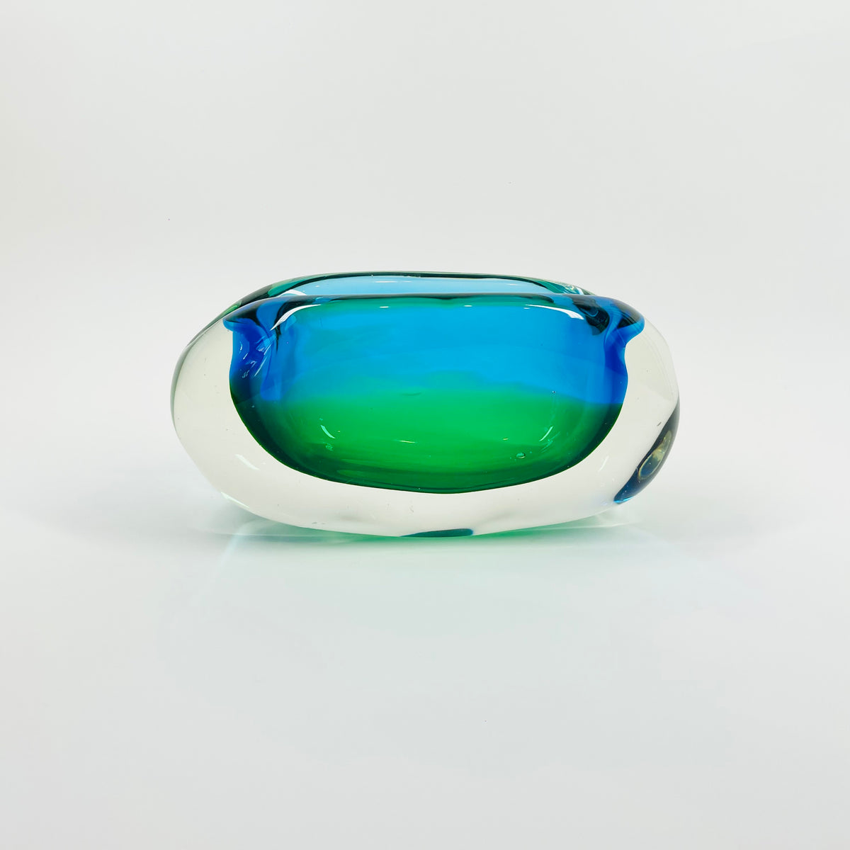 1960s GREEN BLUE PEACOCK HARLEQUIN SOMMERSO GLASS ASHTRAY/BOWL