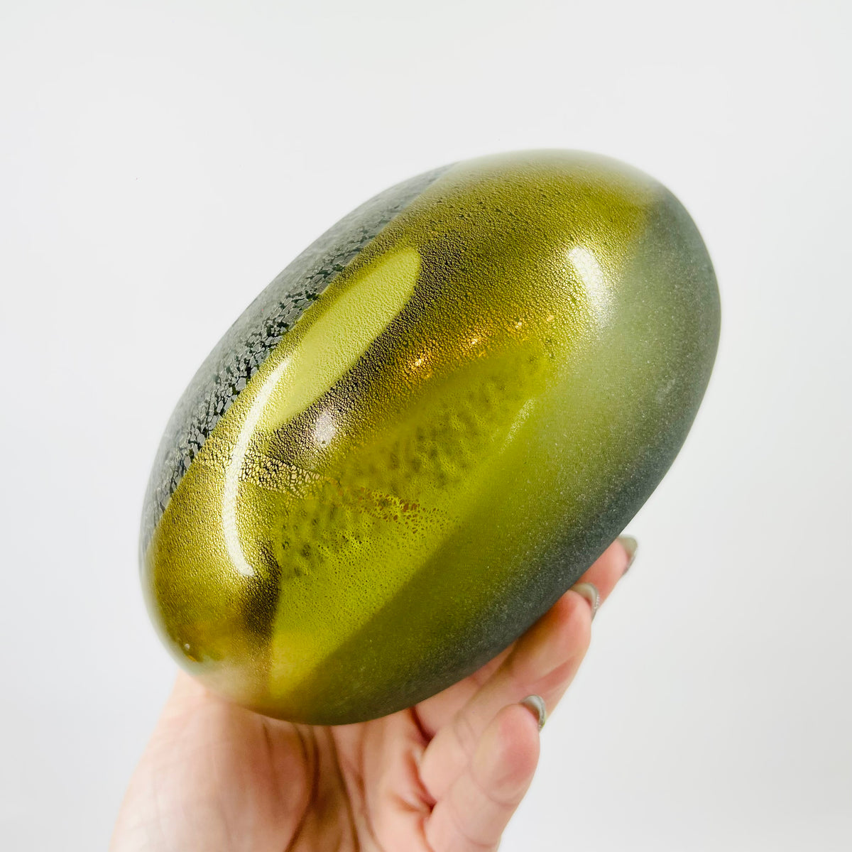 1980s MURANO GREEN SATIN GLASS SQUAT VASE WITH SILVER GOLD AVENTURINE
