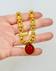 1980s GROSSE GERMANY GOLD PLATED PEAR RUBY PASTE DROP   NECKLACE EARRINGS SUITE