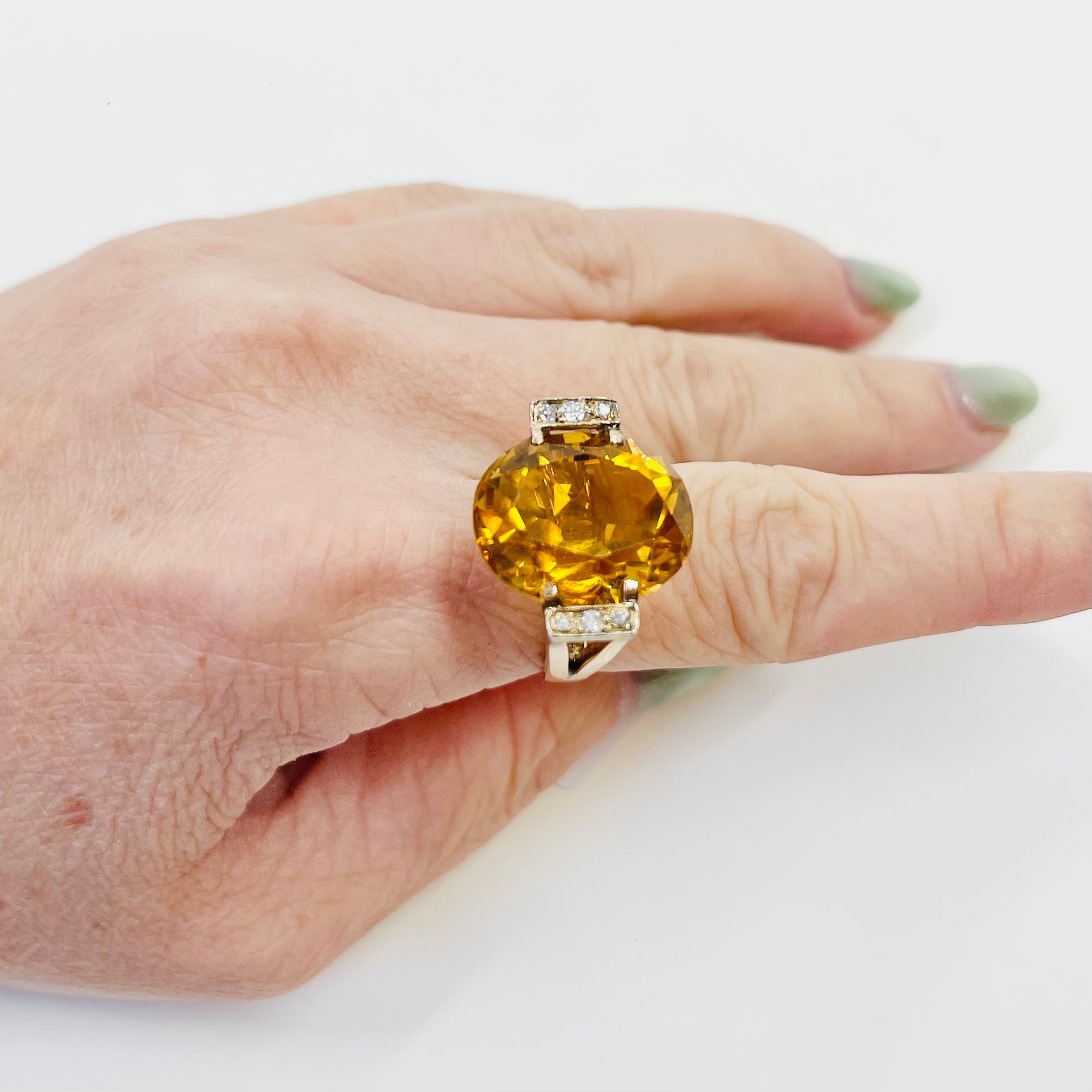 1950s 14K YELLOW GOLD STATEMENT CITRINE COCKTAIL RING WITH DIAMONDS