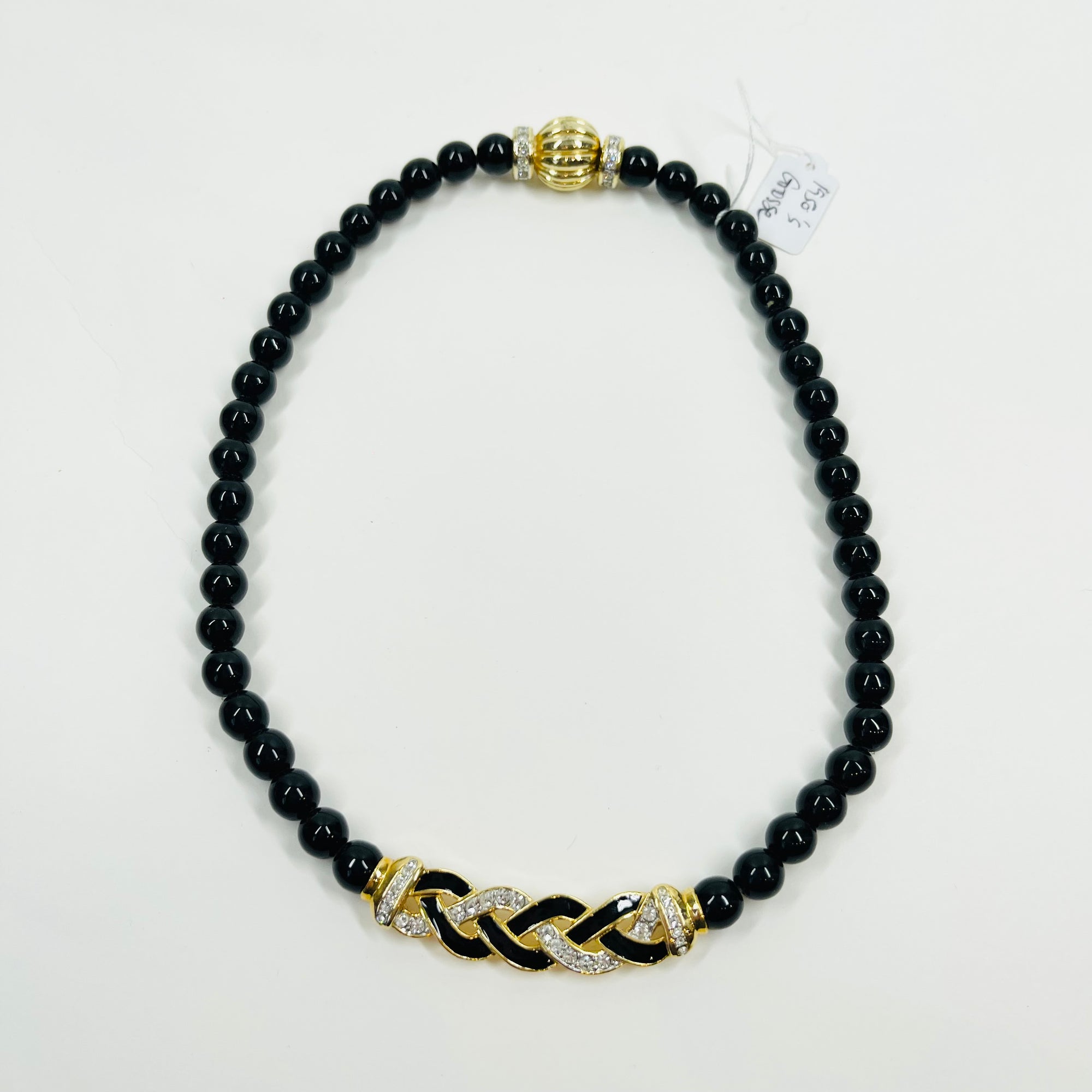 1950s GROSSE GERMANY COSTUME BRAIDED BLACK BEADED NECKLACE WITH ENAMEL PENDANT