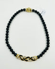 1950s GROSSE GERMANY COSTUME BRAIDED BLACK BEADED NECKLACE WITH ENAMEL PENDANT