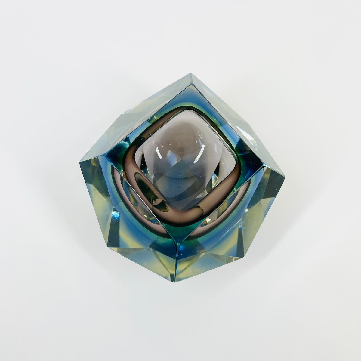 1960s BROWN GREEN YELLOW BLUE SOMMERSO DIAMOND FACETED GLASS BOWL
