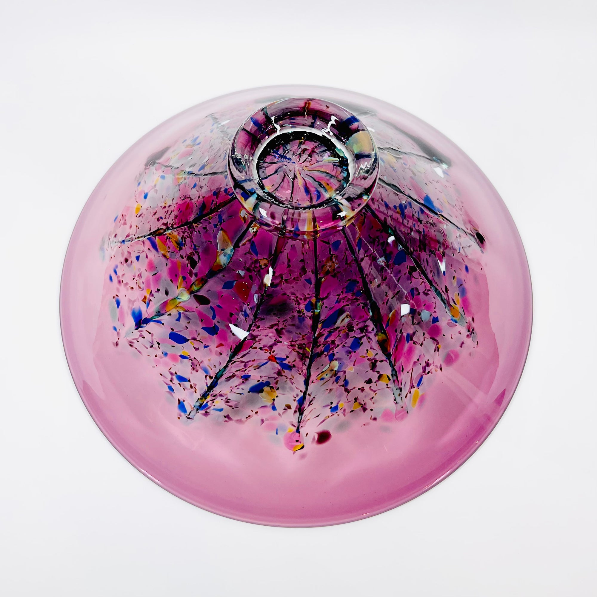 1990s AUSTRALIAN MOUTH BLOWN PINK PURPLE SPATTER ART GLASS BOWL BY MATT LARWOOD