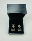 1990s LIMITED EDITION CHANEL MINIATURE BAGS PIERCED EARRINGS WITH ENAMEL LOGO AND SEED PEARLS