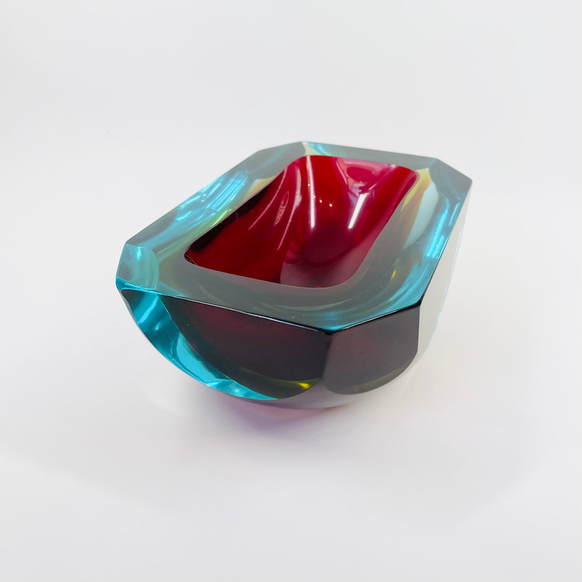 XXL 1950s RED BLUE AMBER MURANO MANDRUZZATO SOMMERSO FACETED GLASS BOWL