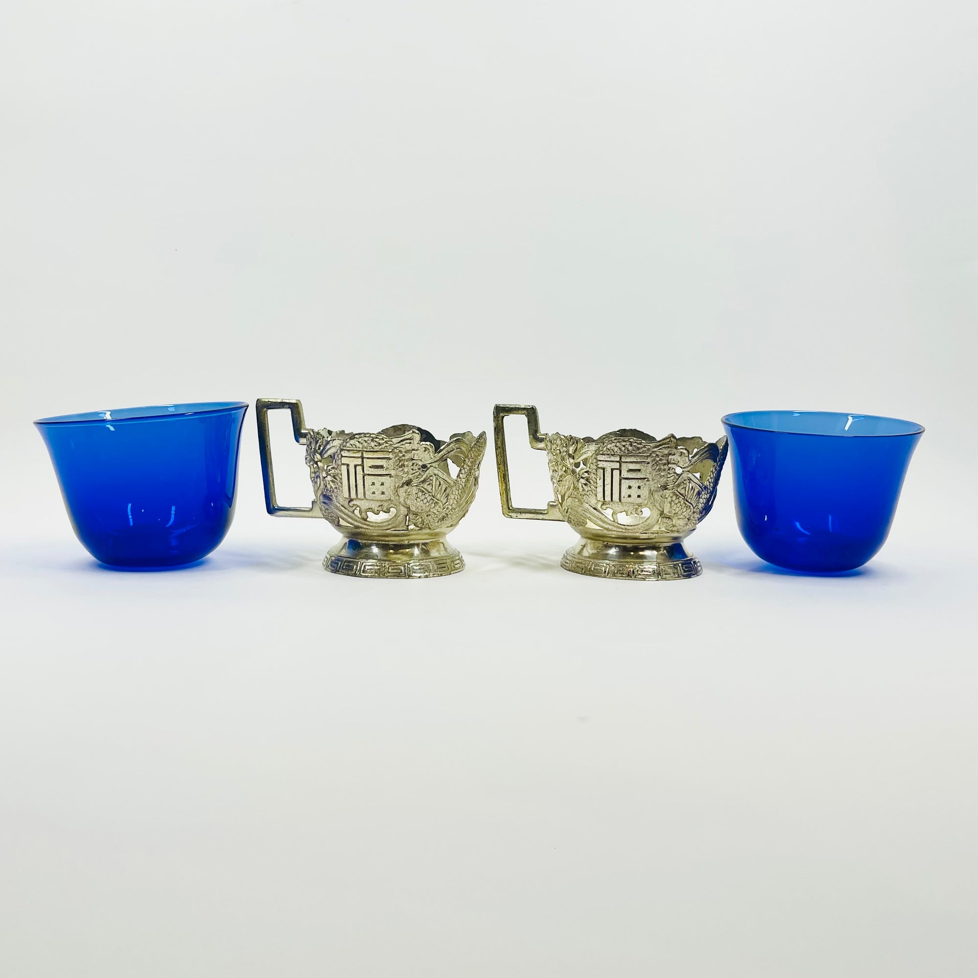 1950s JAPANESE COBALT BLUE GLASSES WITH SILVER PLATED SLEEVES