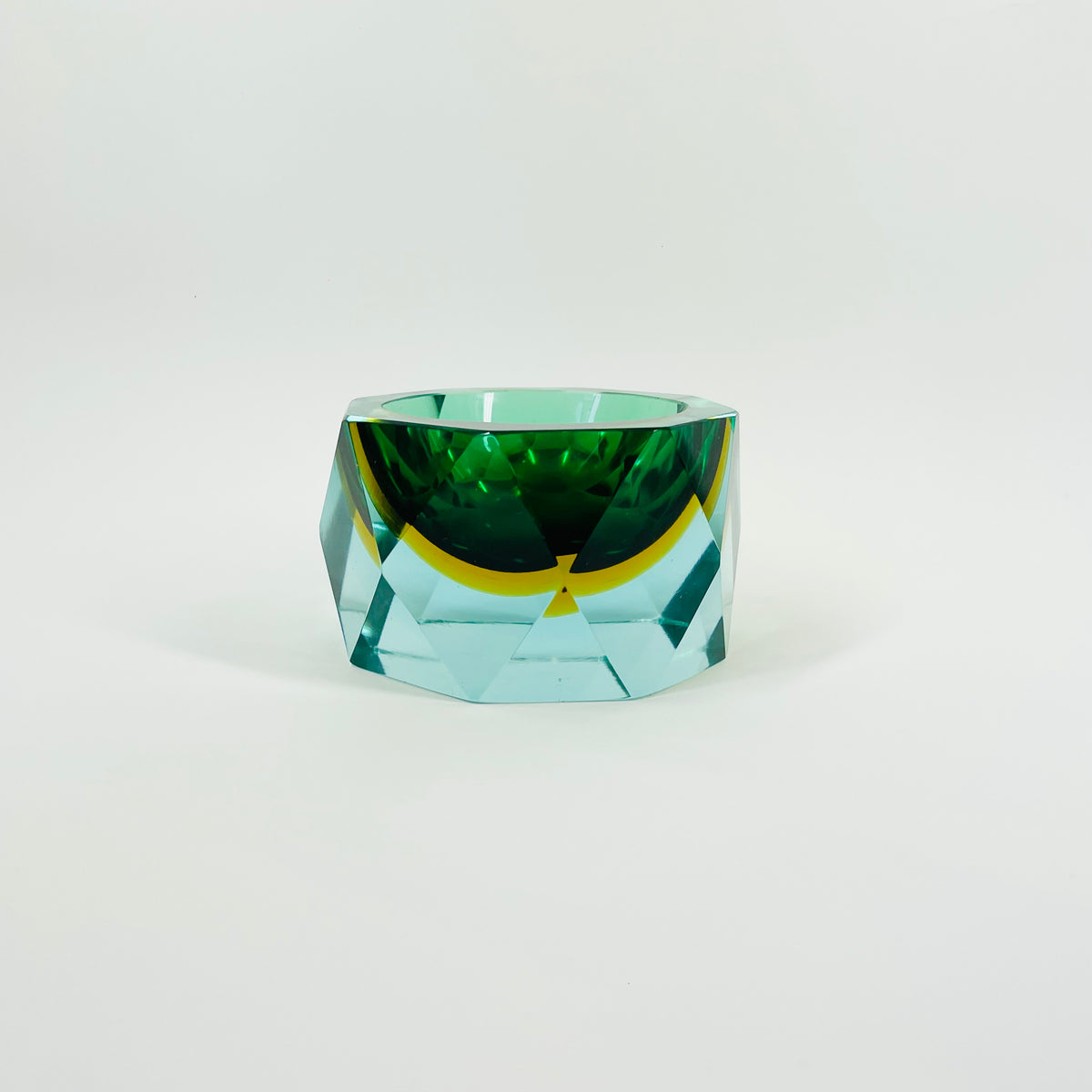 1940s GREEN BLUE GOLD AMBER MURANO MANDRUZZATO SOMMERSO DIAMOND FACETED GLASS BOWL/ASHTRAY