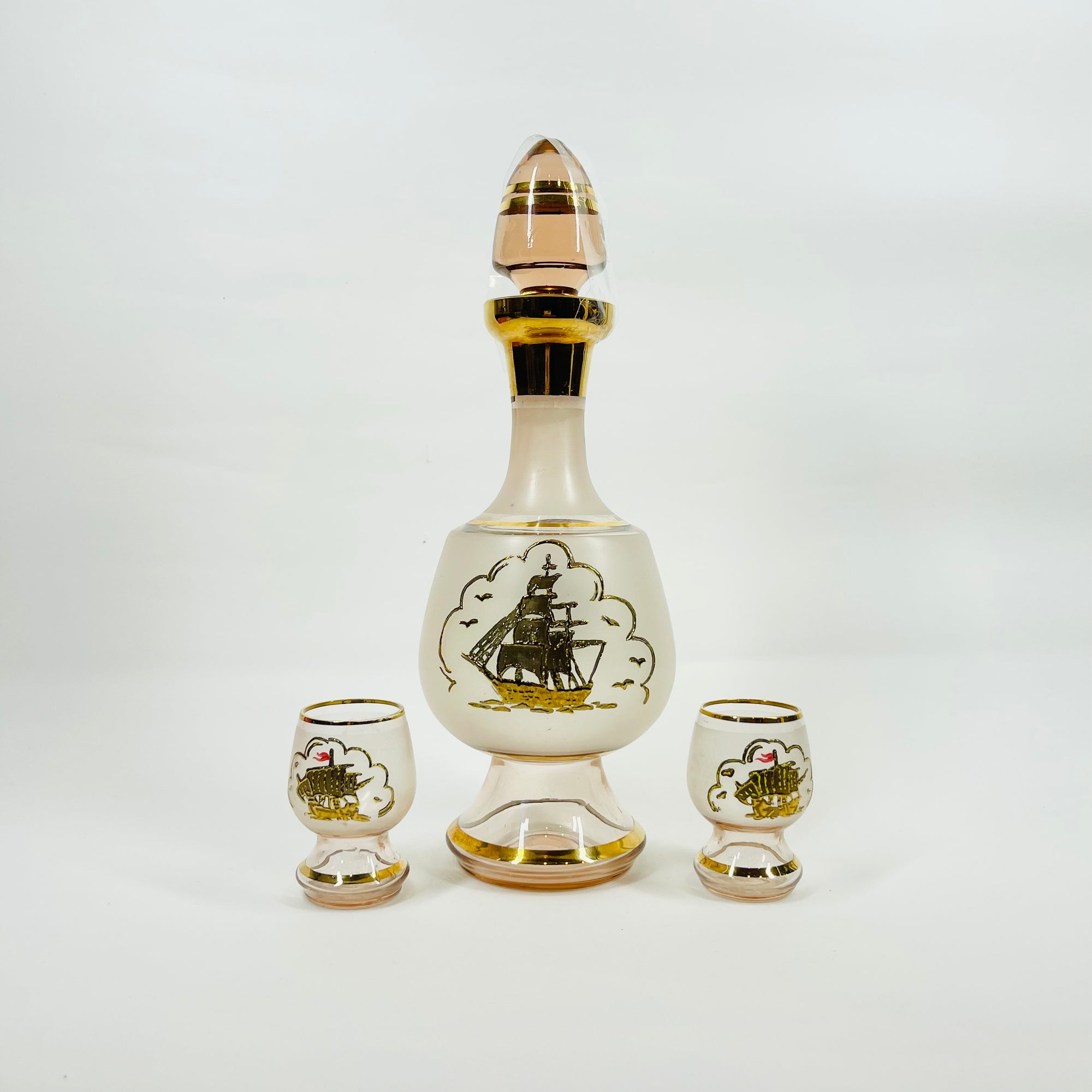 1950s PINK GOLD GILDED SHIP GLASS DECANTER SET
