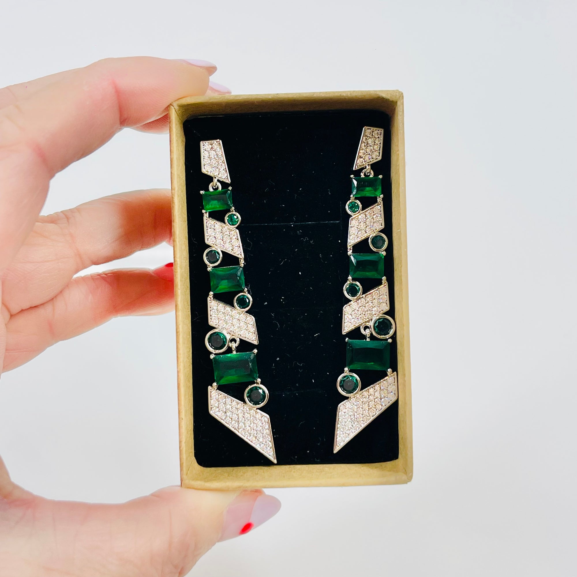 VINTAGE ART DECO STYLE GP COSTUME GREEN DIAMONTE DROP PIERCED EARRINGS