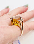 1950s 14K YELLOW GOLD STATEMENT CITRINE COCKTAIL RING WITH DIAMONDS