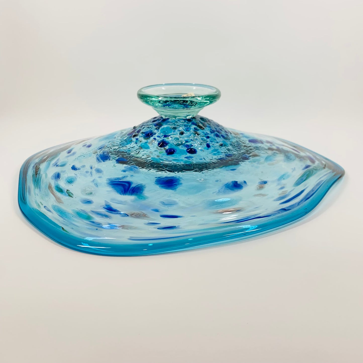 1990s MOUTH BLOWN BLUE ART GLASS SPATTER BOWL