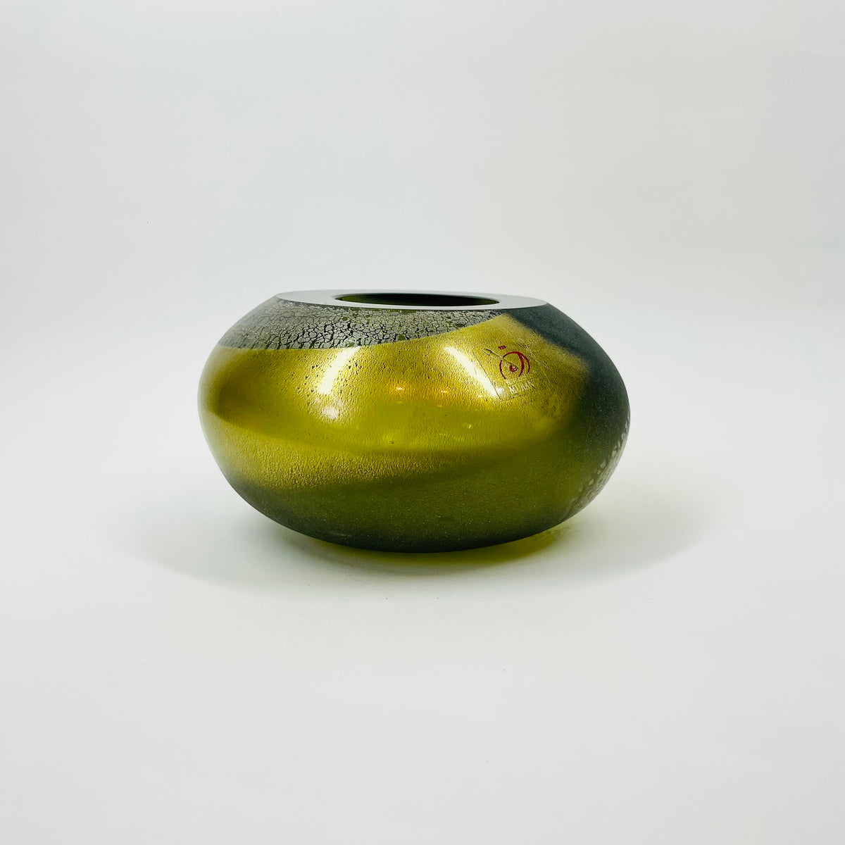 1980s MURANO GREEN SATIN GLASS SQUAT VASE WITH SILVER GOLD AVENTURINE