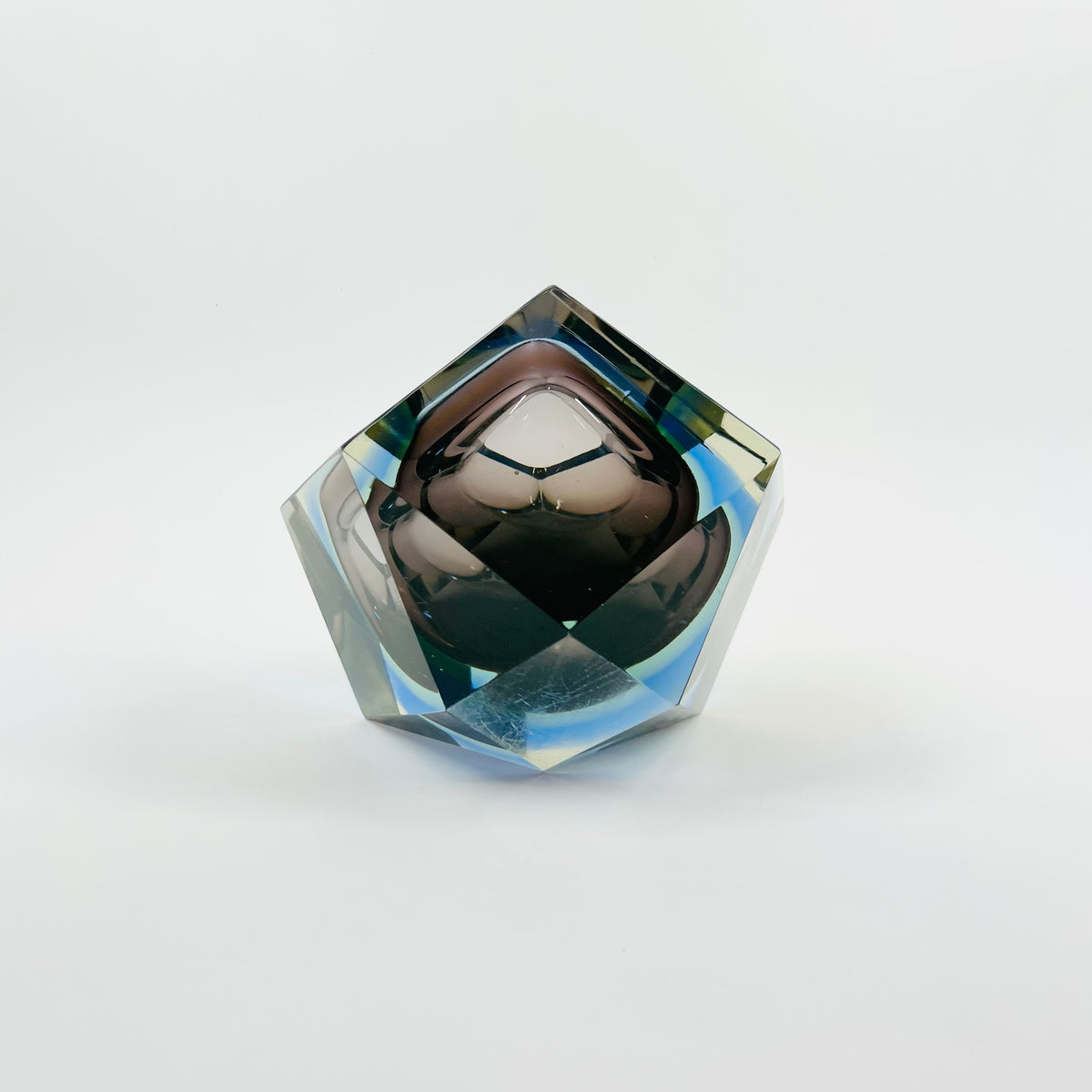 1960s BROWN GREEN YELLOW BLUE SOMMERSO DIAMOND FACETED GLASS BOWL