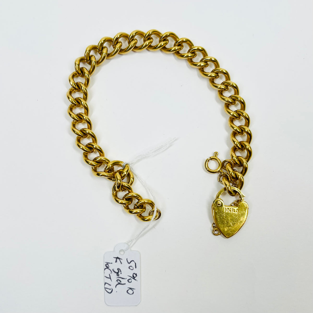 ANTIQUE WIDE CURB LINKS HEART LOCKET GOLD FILLED BRACELET