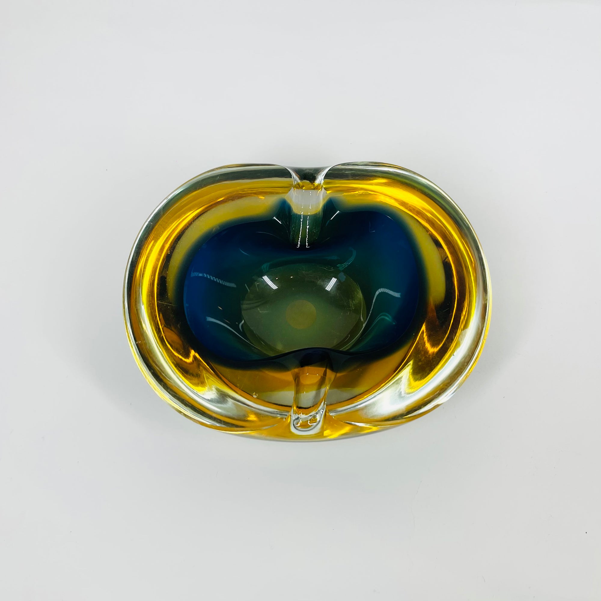 1950s COBALT BLUE TEAL AMBER MURANO SOMMERSO GLASS PINCHED BOWL/ASHTRAY
