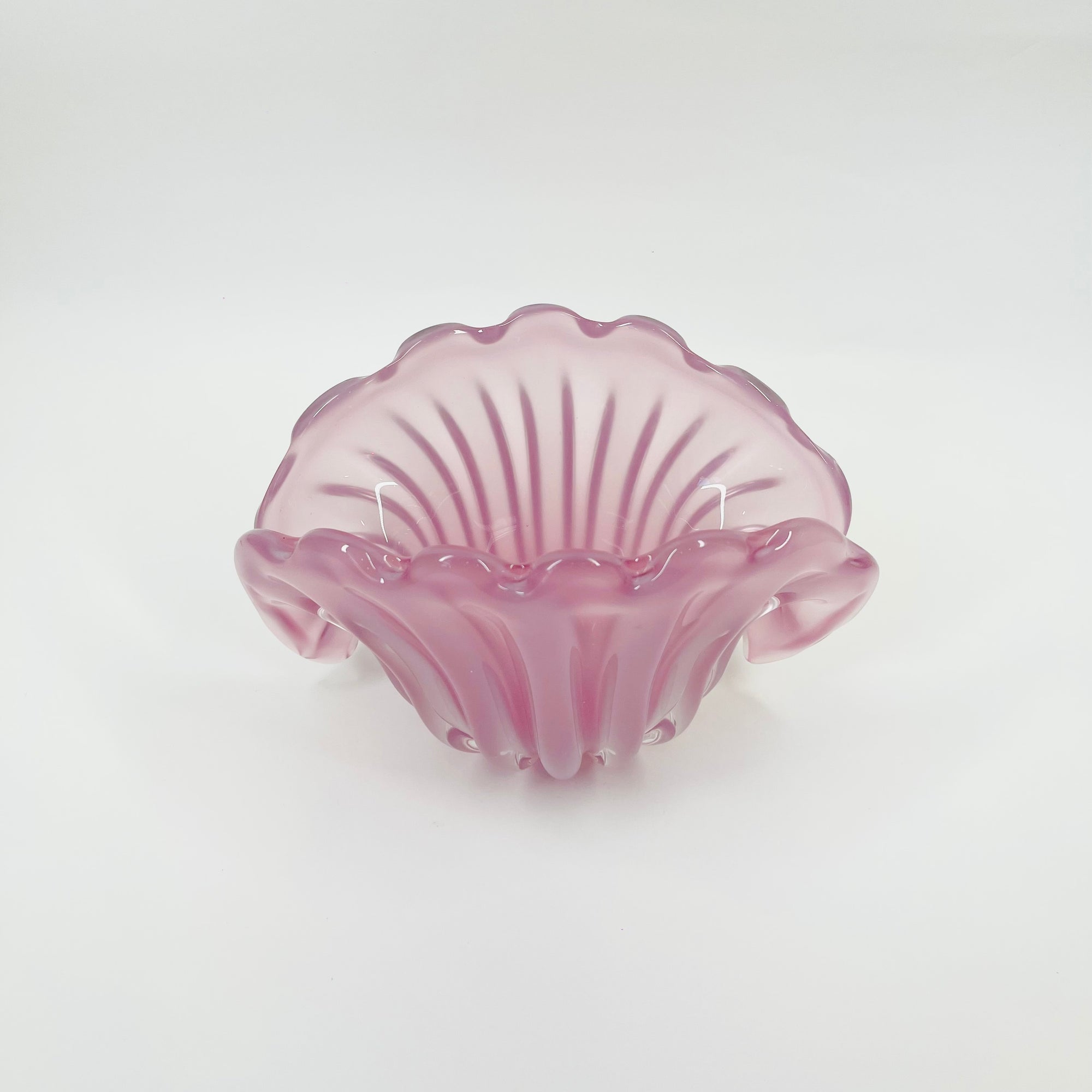 1950s PINK MURANO RIBBED OPALINE GLASS SHELL BOWL (MEDIUM)