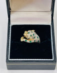 1950s 14K YELLOW GOLD DIAMOND EMERALD LEOPARD RING WITH RUBY EYES