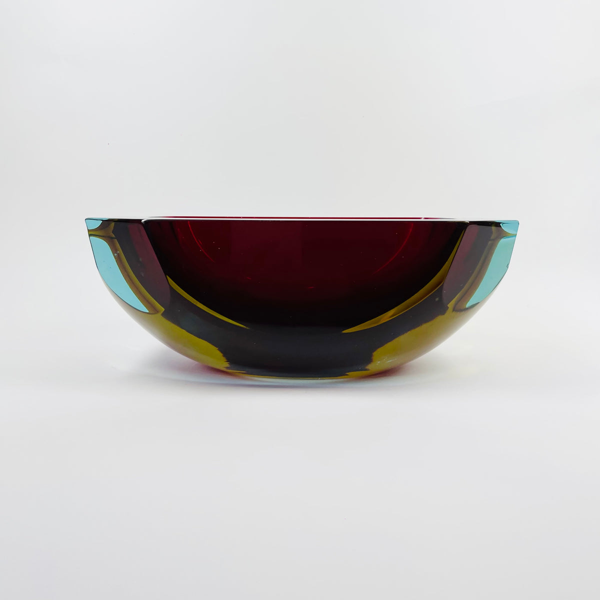 XXL 1950s RED BLUE AMBER MURANO MANDRUZZATO SOMMERSO FACETED GLASS BOWL