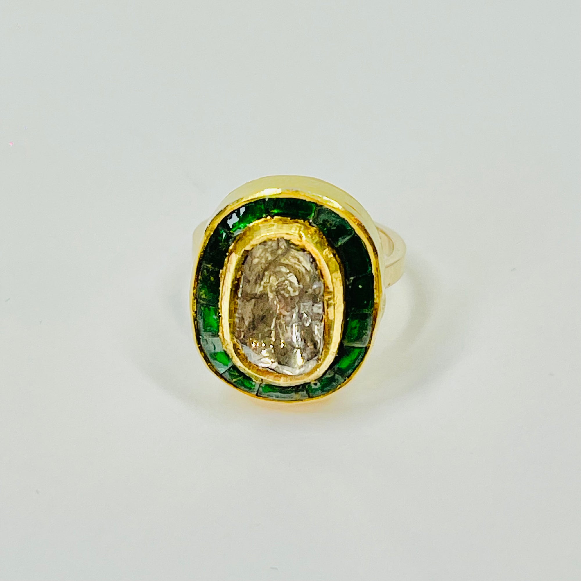 ANTIQUE 22K GOLD INDIAN POLKI RAW DIAMOND RING WITH GREEN ENAMEL