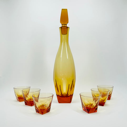 ANTIQUE ART DECO HAND CUT MOSER AMBER CRYSTAL DECANTER SET