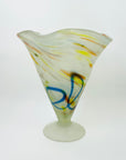 1980s WHITE YELLOW SATIN SPATTER ART GLASS VASE