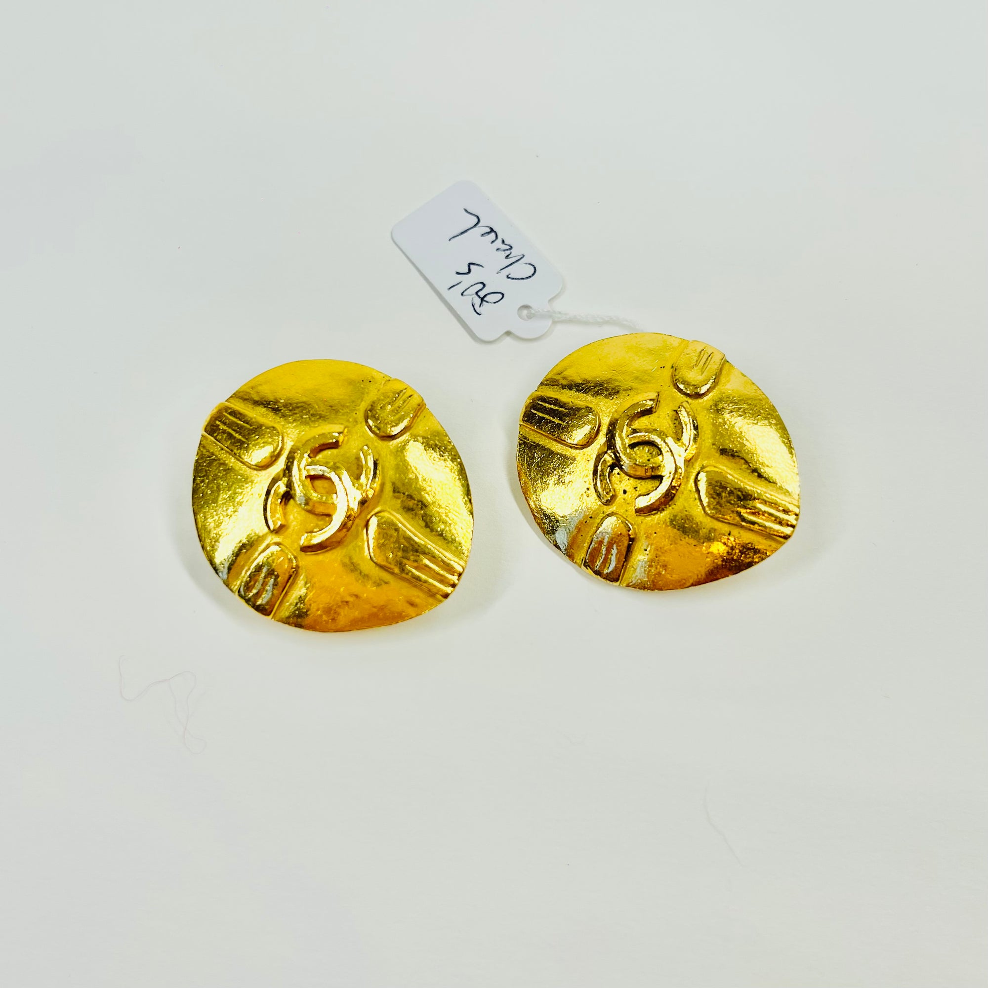 1980s CHANEL TEAR DROP GOLD LOGO CLIP ON EARRINGS
