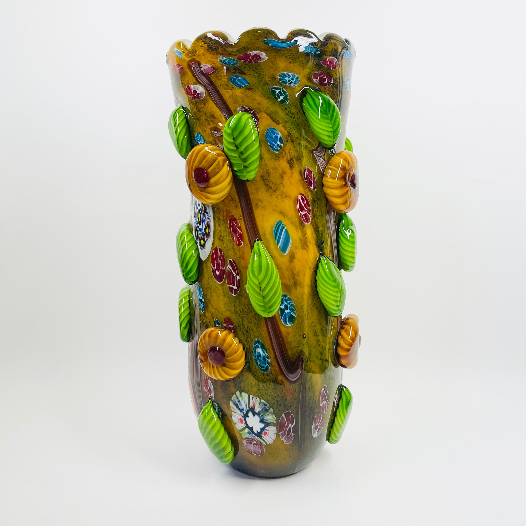 LARGE 1980s MURANO CASED WHITE GREEN MURRINE FLORAL APPLIQUE VASE