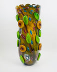 LARGE 1980s MURANO CASED WHITE GREEN MURRINE FLORAL APPLIQUE VASE