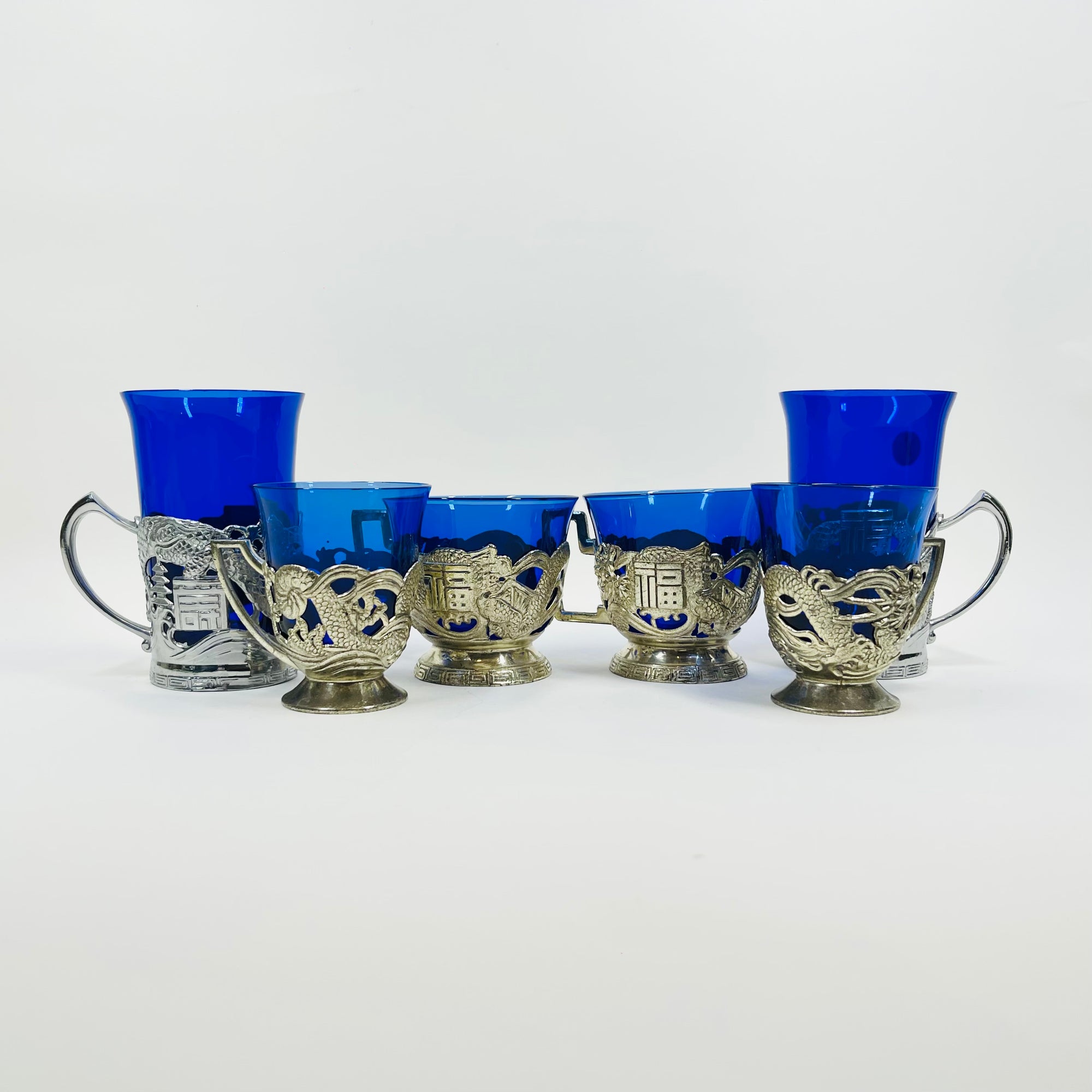 1950s JAPANESE COBALT BLUE GLASSES WITH SILVER PLATED SLEEVES