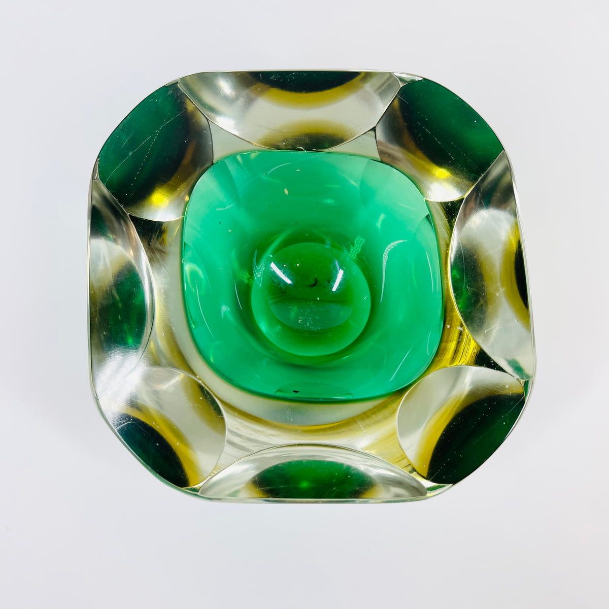 1950s MURANO MANDRUZZATO GREEN YELLOW SOMMERSO DIAMOND FACETED GLASS BOWL
